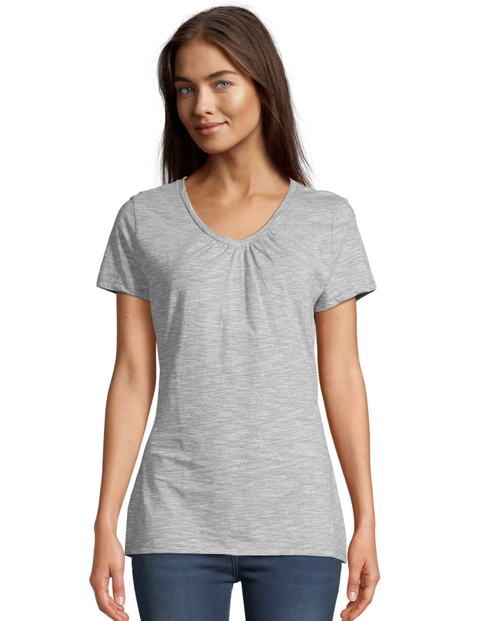 Hanes Women's Slub Jersey Shirred V-Neck Tee