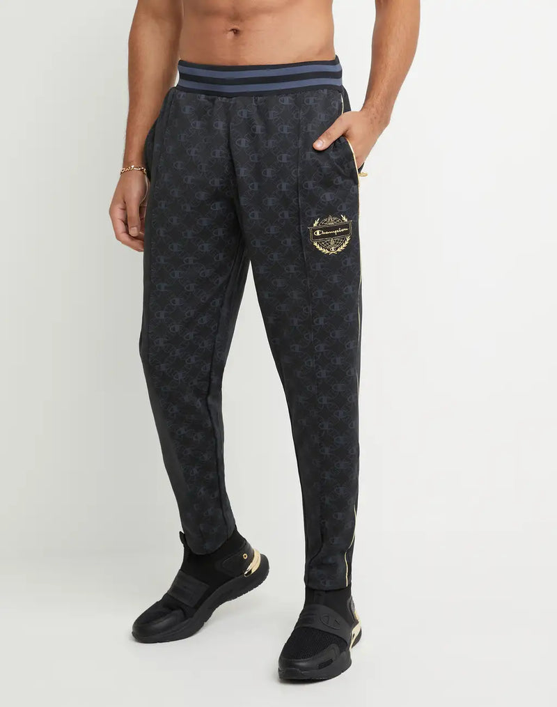 TRACK PANTS, ALL-OVER PRINT WITH SCRIPT GOLD CREST, 29.5"