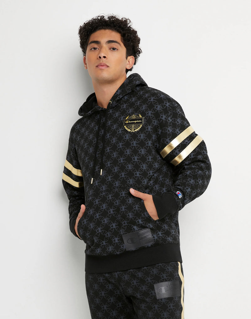 CLASSIC FLEECE HOODIE, ALL-OVER PRINT WITH CHAMPION CREST AND FAUX LEATHER JOCK TAG