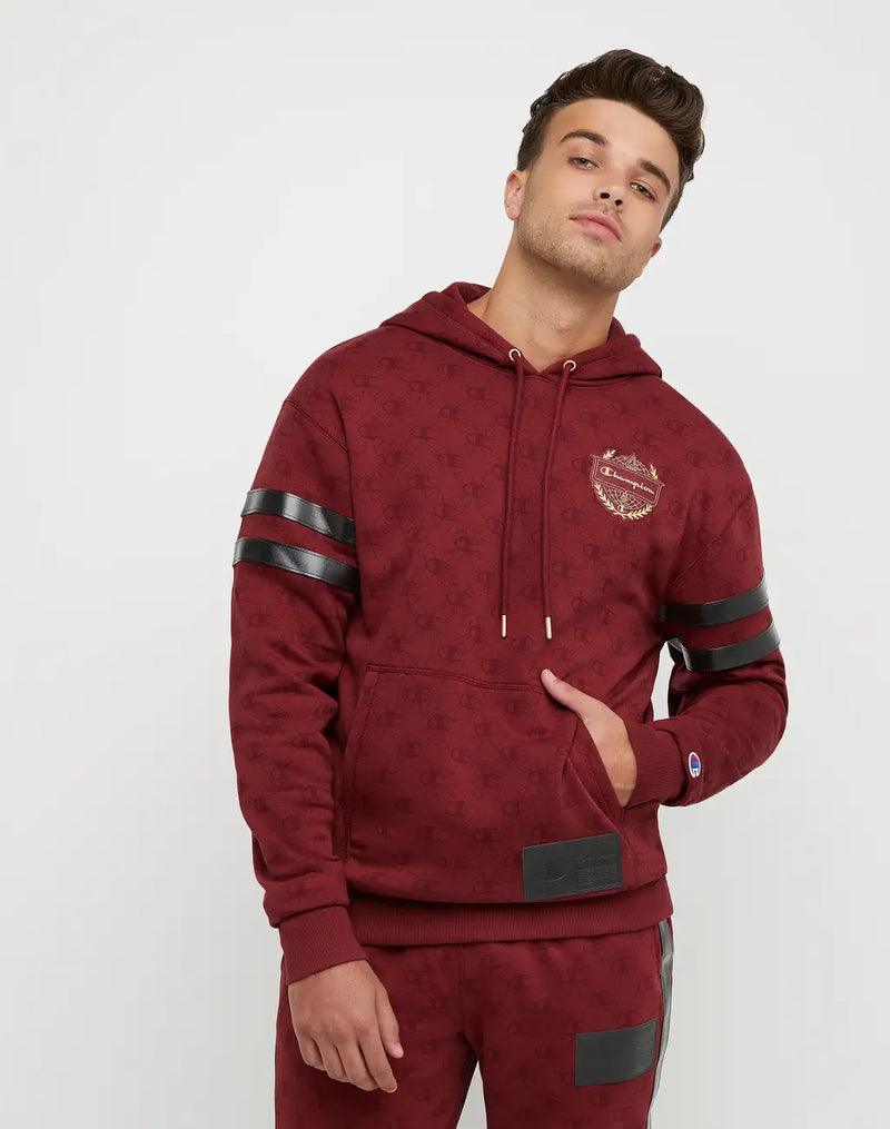 CLASSIC FLEECE HOODIE, ALL-OVER PRINT WITH CHAMPION CREST AND FAUX LEATHER JOCK TAG