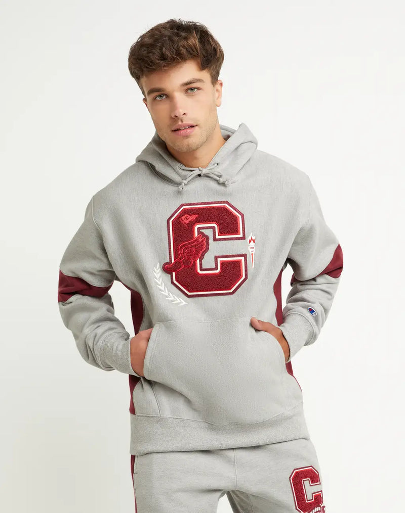 REVERSE WEAVE BLOCKED HOODIE, BLOCK C COLLEGE APPLIQUE WITH EMBROIDERED TORCH