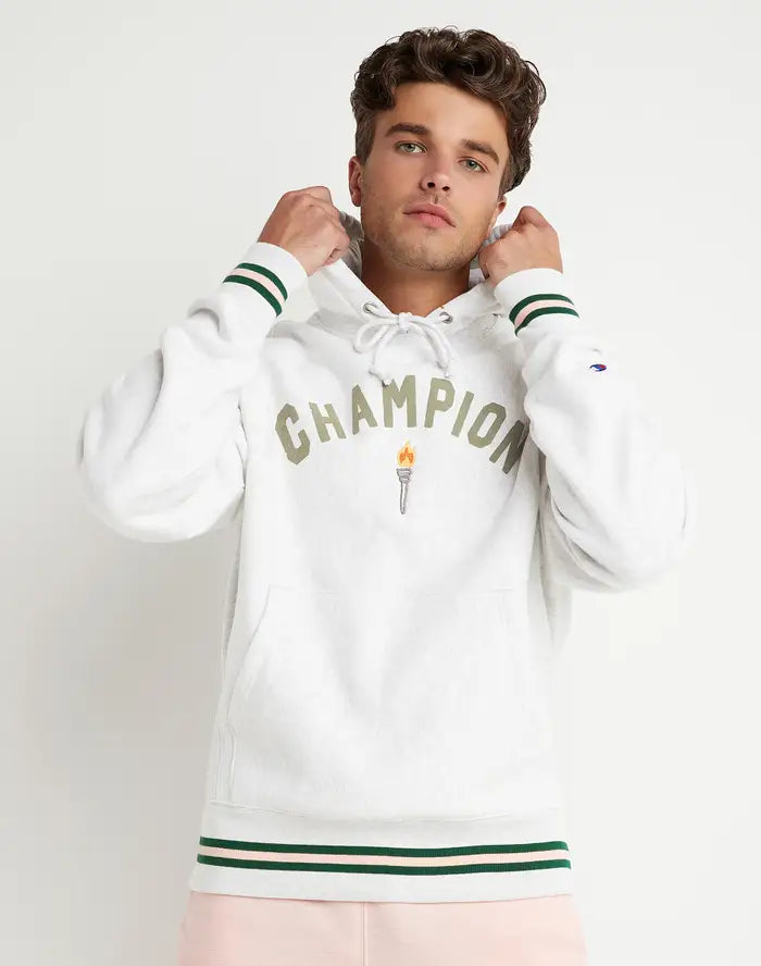 PREMIUM REVERSE WEAVE HOODIE, ARCH SCRIPT WITH EMBROIDERED TORCH