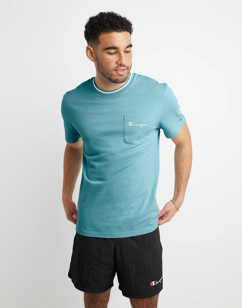 TIPPED COLLAR POCKET TEE, EMBROIDERED SCRIPT LOGO