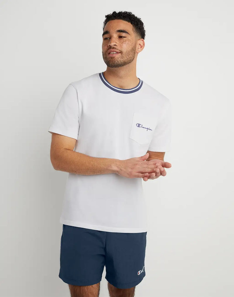 TIPPED COLLAR POCKET TEE, EMBROIDERED SCRIPT LOGO