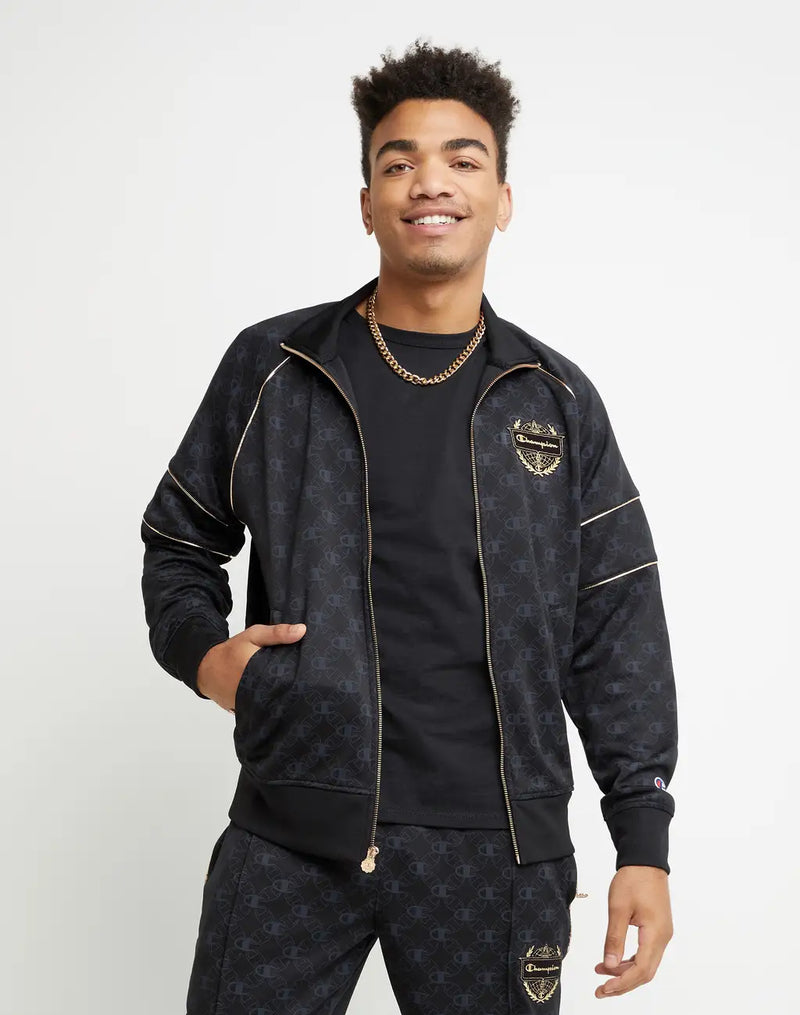 TRACK JACKET, ALL-OVER PRINT AND LUREX CHAMPION SCRIPT GOLD CREST
