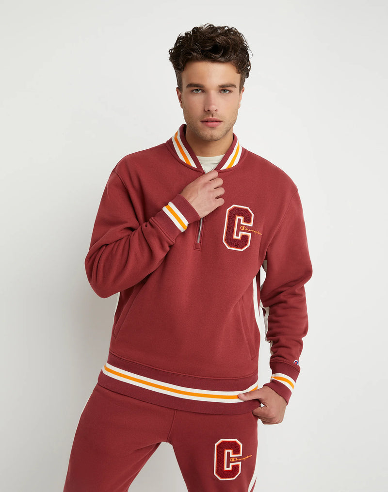 REVERSE WEAVE TRACK JACKET, CHENILLE C APPLIQUE WITH EMBROIDERED SCRIPT