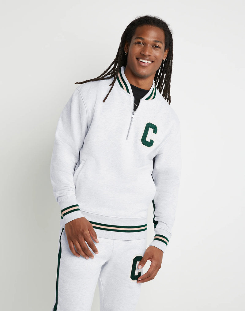 REVERSE WEAVE TRACK JACKET, CHENILLE C APPLIQUE WITH EMBROIDERED SCRIPT