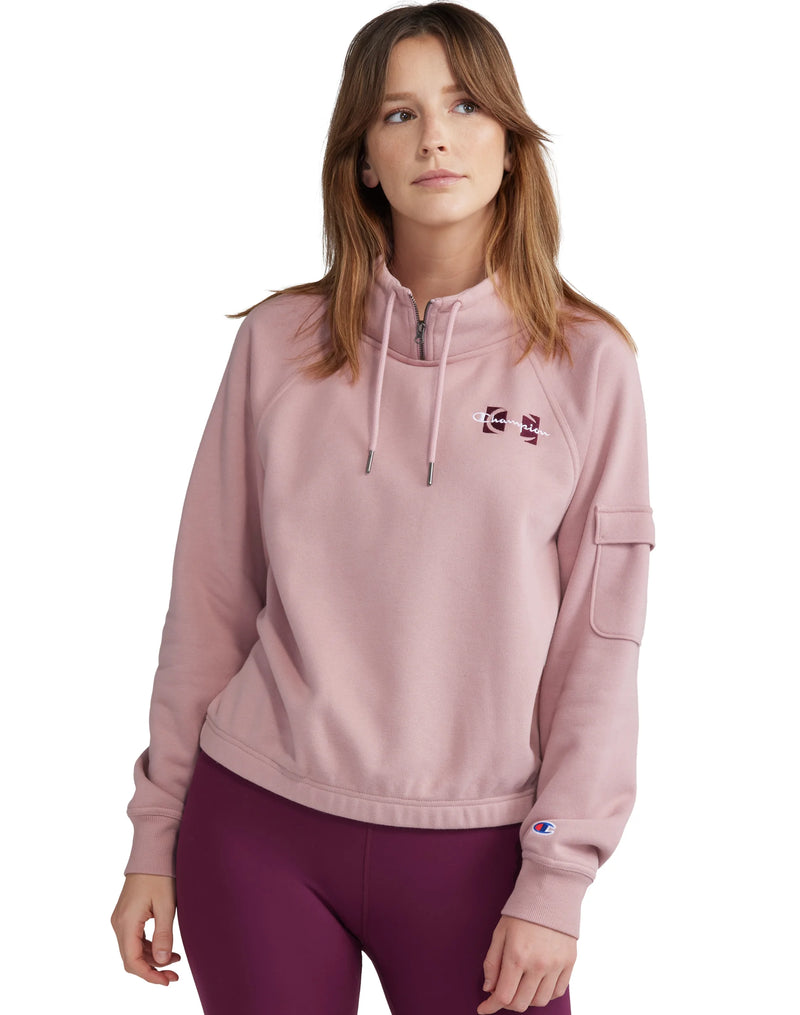 CAMPUS ECO FLEECE MINI ZIP MOCK NECK, KNOCKOUT C + EMBROIDERED SCRIPT LOGO