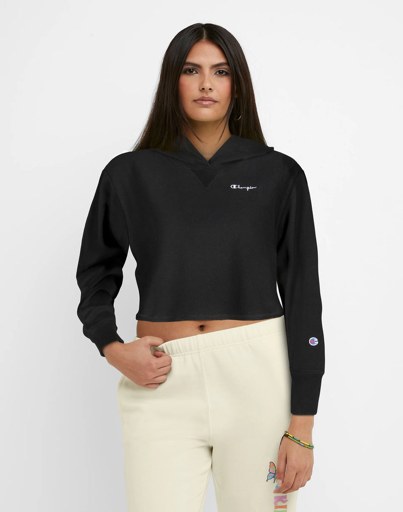 REVERSE WEAVE FRENCH TERRY CROP-CURVE HEM HOODIE