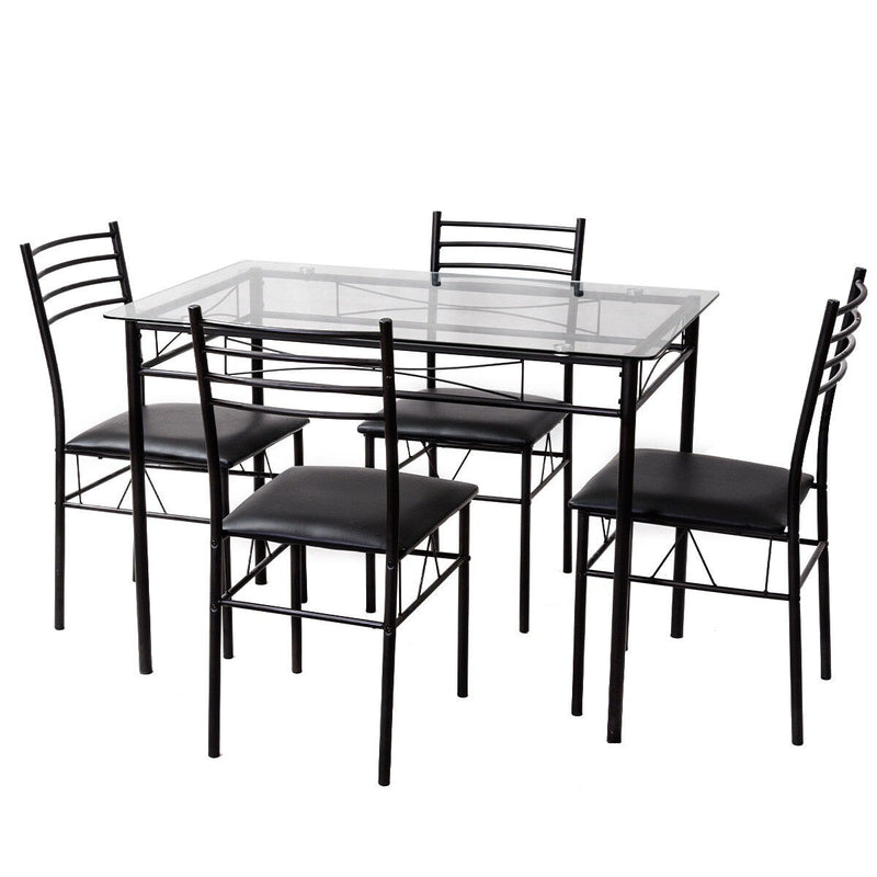 5PC Dining Set Modern Dining Room Tempered Glass Top Table & 4 Upholstered Dining Chairs Kitchen Furniture HW61400