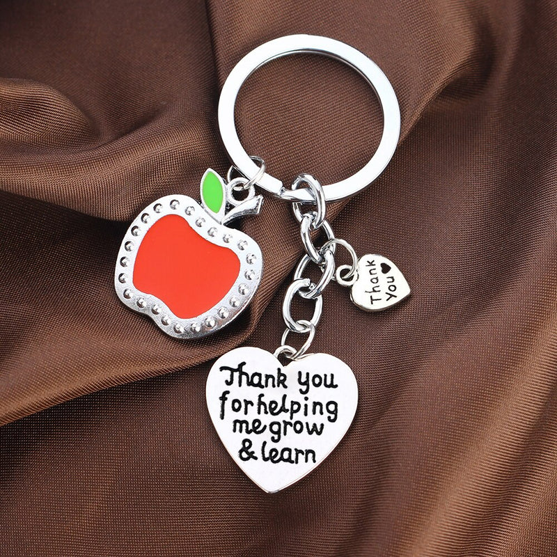 Apple Love Heart Charm Keyring Thank You For Helping Me Grow&Learn Key Chain