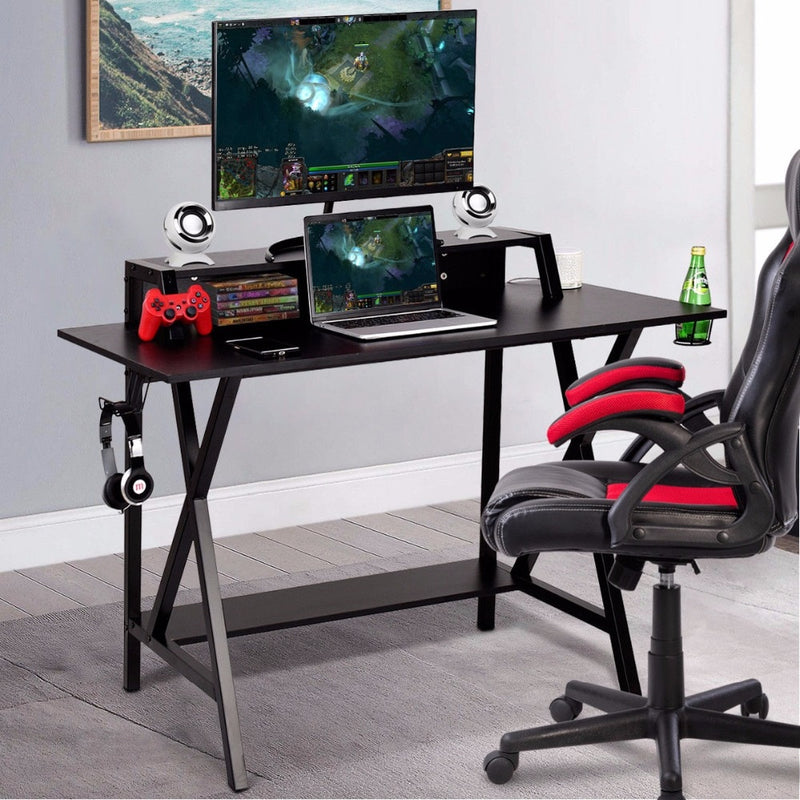 Giantex Gaming Desk All-In-One Professional Gamer Desk Cup Headphone Holder Power Strip Commercial Furniture HW58800