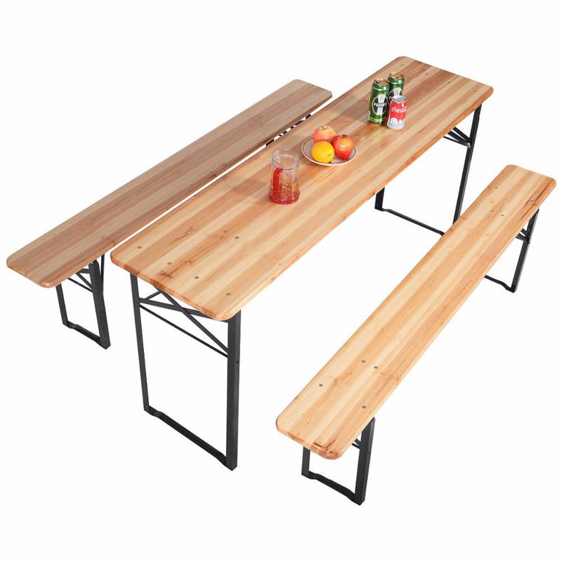3 PCS Outdoor Wood Picnic Table Beer Bench Dining Set Folding Wooden Top Patio