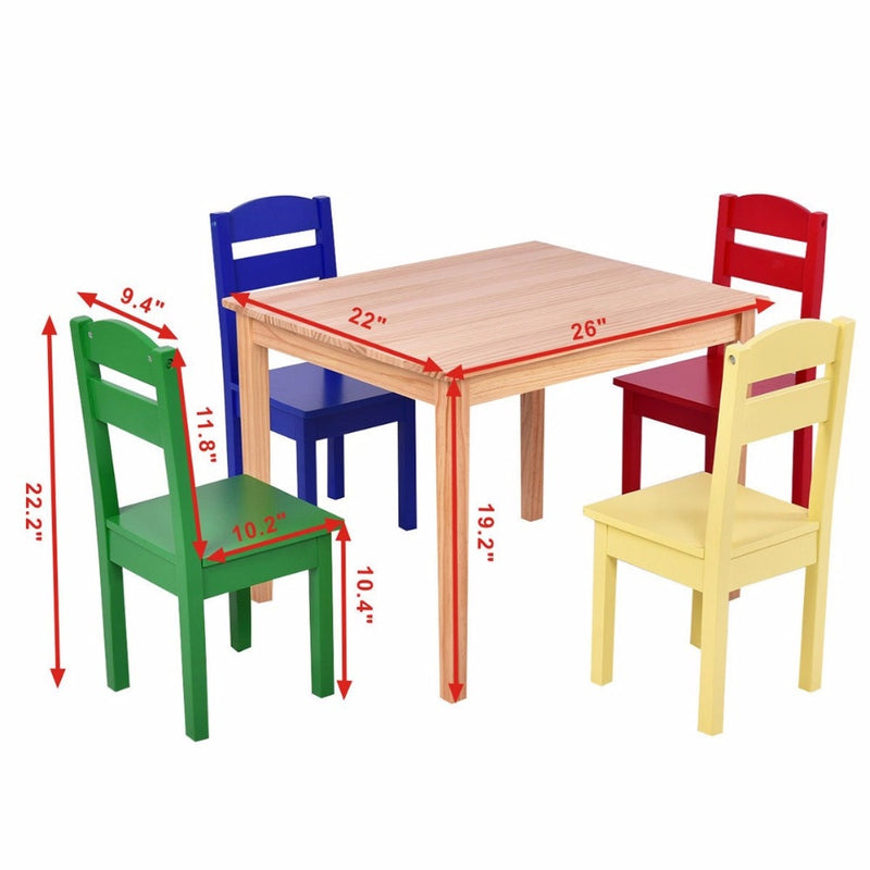 Kids 5 Piece Table Chair Set Pine Wood Multicolor Children Play Room Furniture
