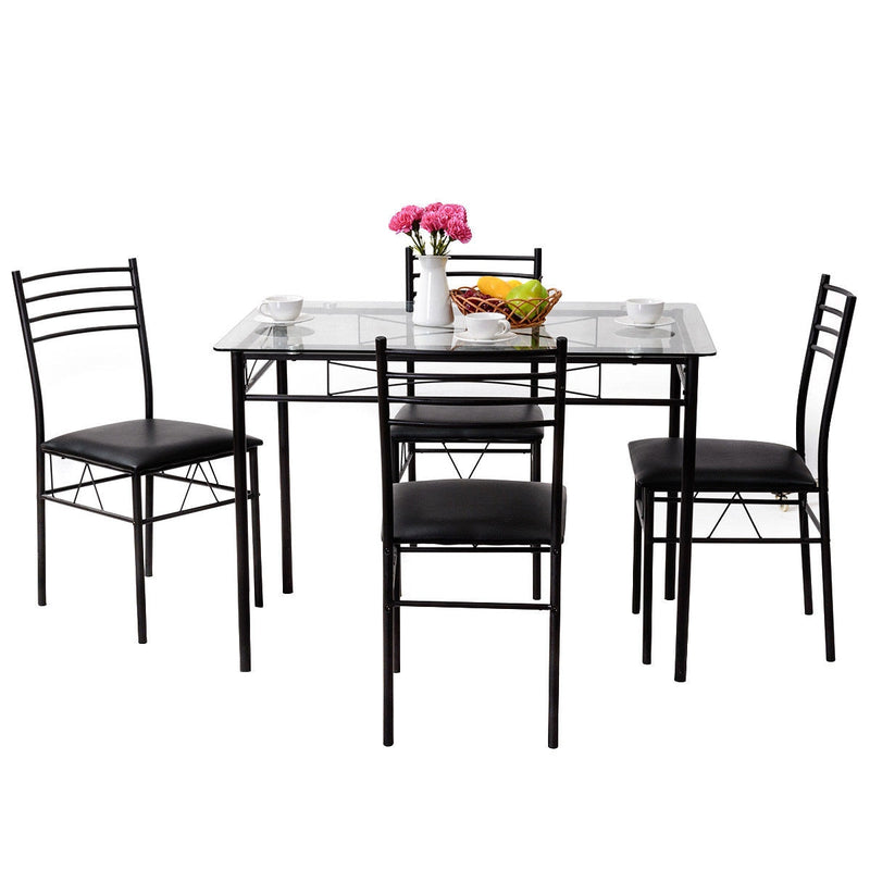 5PC Dining Set Modern Dining Room Tempered Glass Top Table & 4 Upholstered Dining Chairs Kitchen Furniture HW61400