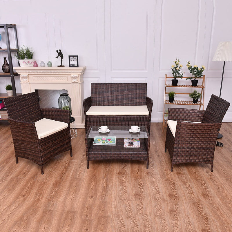 4PCS Outdoor Patio PE Rattan Wicker Coffee Table Sofa Furniture Set With Cushion
