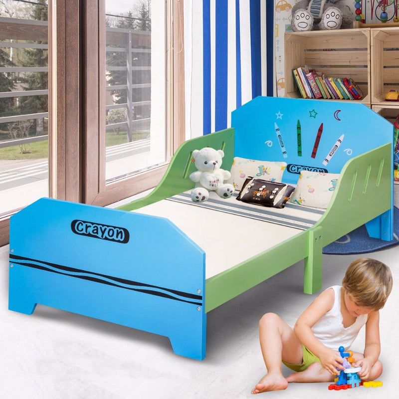Crayon Themed Wood Kids Bed with Bed Rails for Toddlers and Children