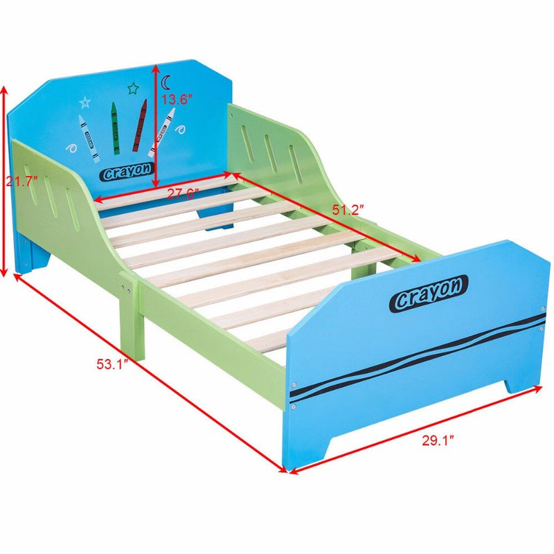 Crayon Themed Wood Kids Bed with Bed Rails for Toddlers and Children