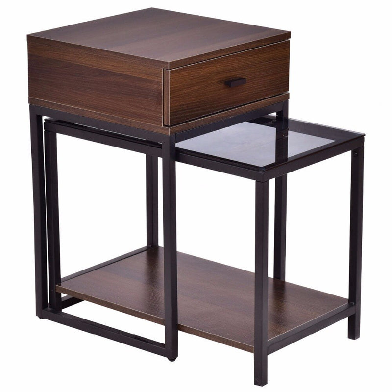 Goplus 2PCS Set Nesting Modern Coffee Side Table Wood Portable End Table Metal Frame Glass Top Coffee Tables with Drawer HW56083