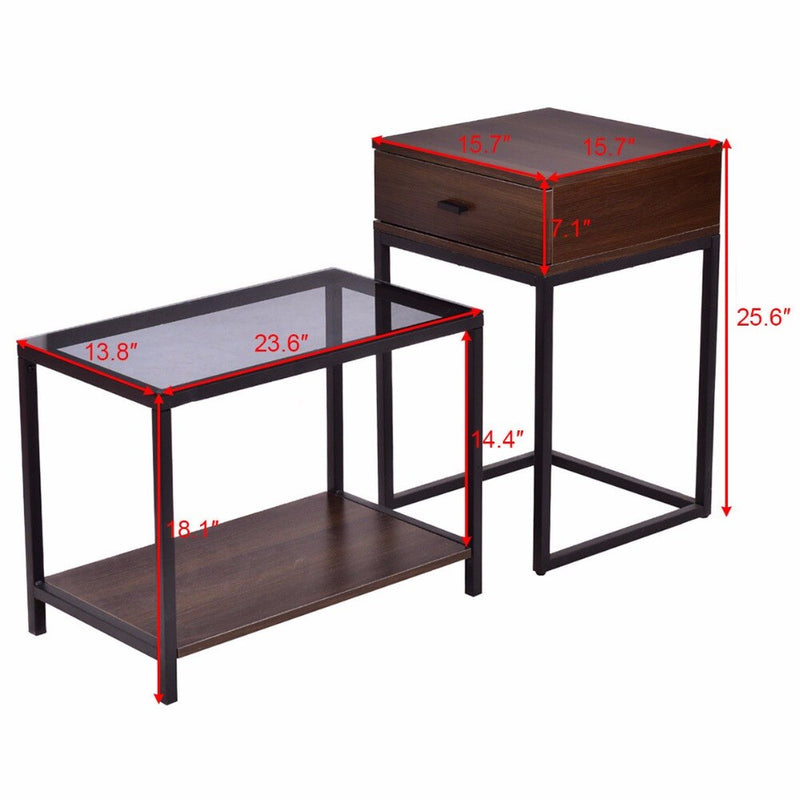 Goplus 2PCS Set Nesting Modern Coffee Side Table Wood Portable End Table Metal Frame Glass Top Coffee Tables with Drawer HW56083