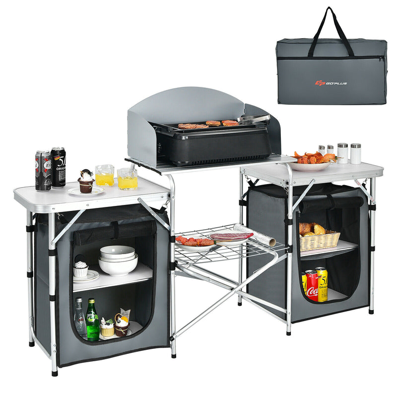 Folding Portable Aluminum Camping Grill Table w/ Storage Organizer Windscreen  OP70292GR