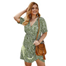 Summer Plus Size Dress Women Gown Floral Print Short Sleeve V-Neck