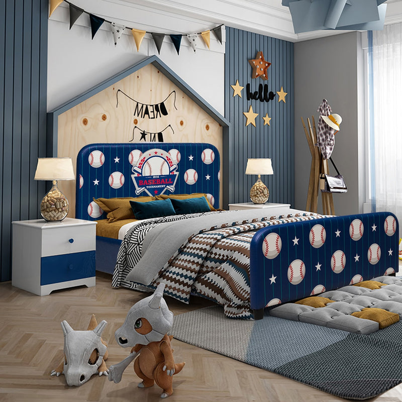 Kids Children Upholstered Platform Toddler Bed Bedroom Furniture Ball Pattern