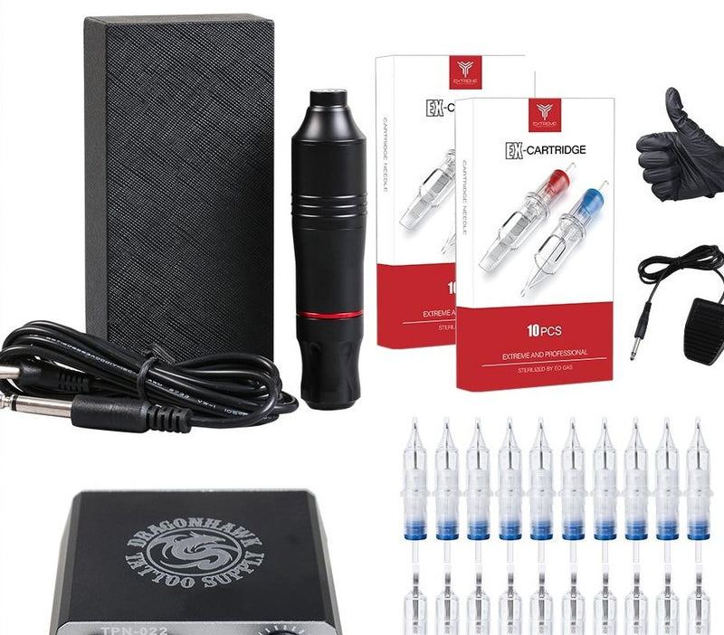 Complete Beginner Tattoo Kit Motor Pen Machine Mini Power Supply Set Needles
