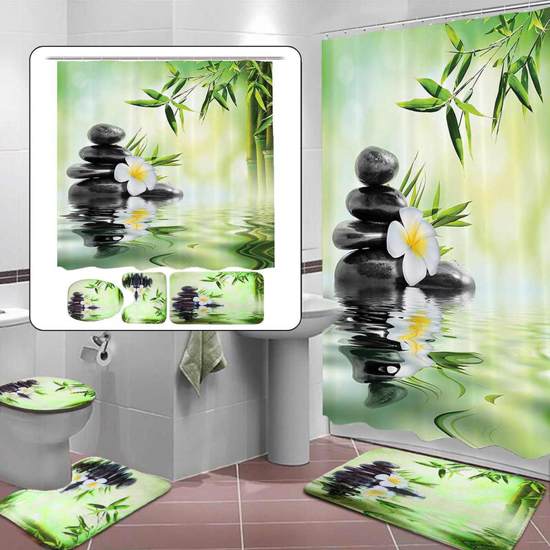 3D Bamboo Running Water Green  Shower Curtain Toilet Cover Mat Non-Slip Set