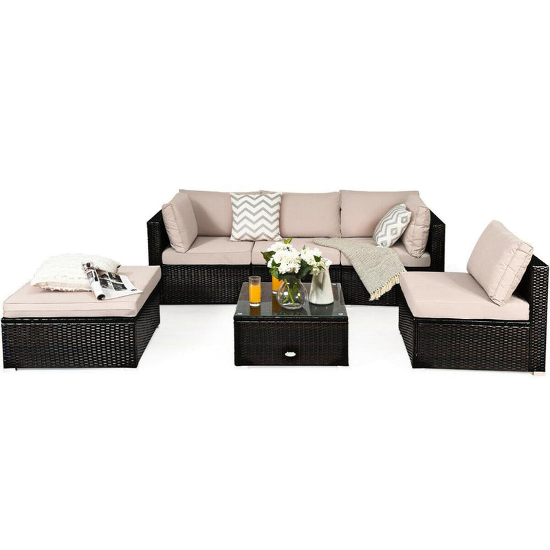 6PCS Outdoor Patio Rattan Furniture Set Cushioned Sectional Sofa Ottoman