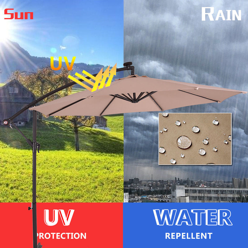 10' Hanging Solar LED Umbrella Patio Sun Shade Offset Market W/Base