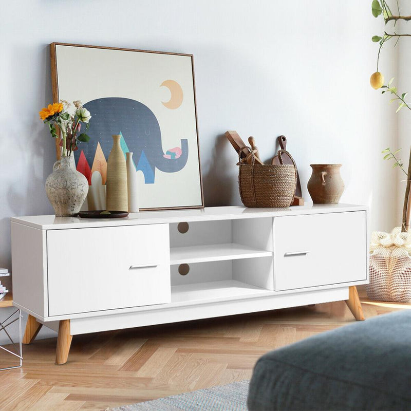 TV Stand Entertainment Center Console Cabinet Stand 2 Doors Shelves White Wood