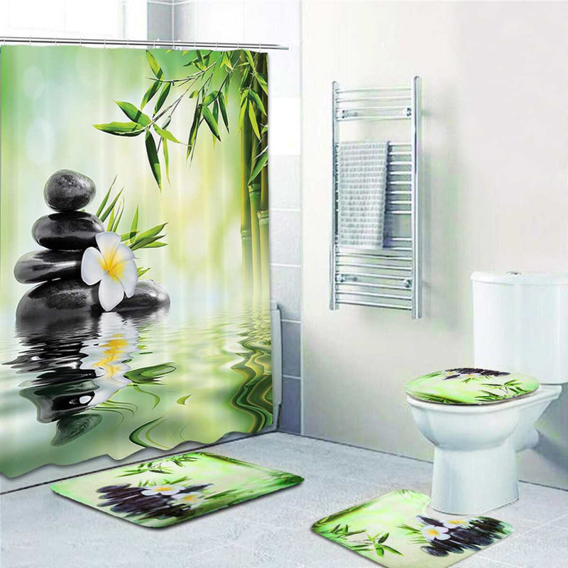 3D Bamboo Running Water Green  Shower Curtain Toilet Cover Mat Non-Slip Set