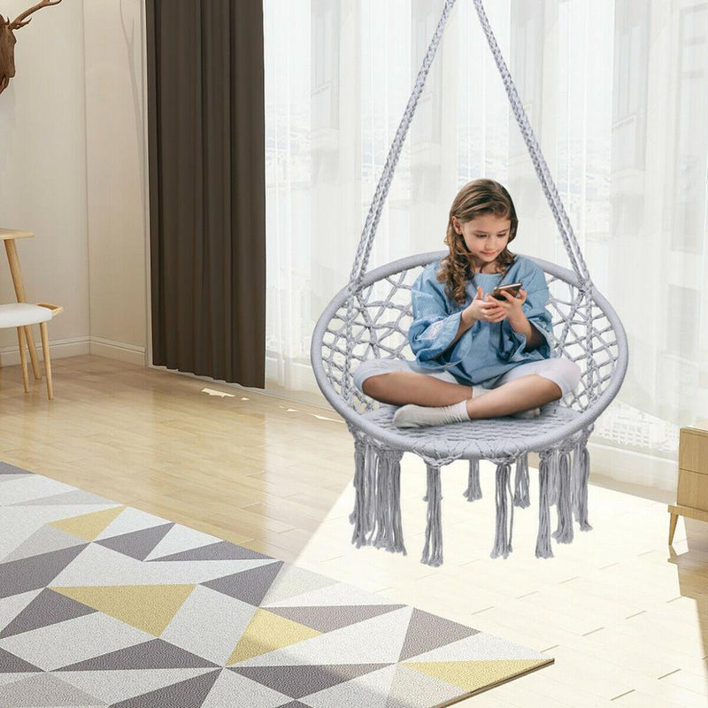 Hanging Hammock Chair Macrame Swing Handwoven Cotton Backrest Garden Grey