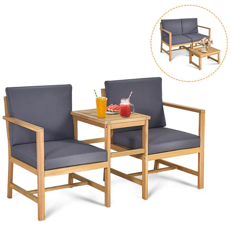 3PCS Patio Table Chairs Set Solid Wood Thick cushion Sectional Garden Furniture