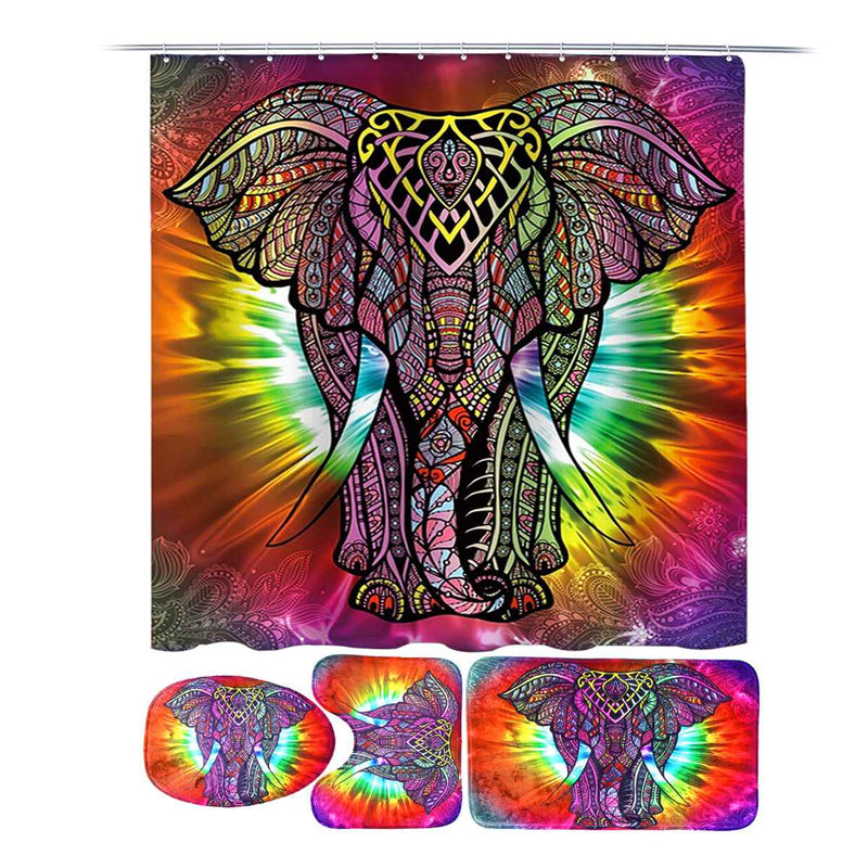 Colourful Elephant Printing Bathroom Shower Curtain Set Bath Toilet Cover Mat Non-Slip Rug Frabic Waterproof Polyester with Hook