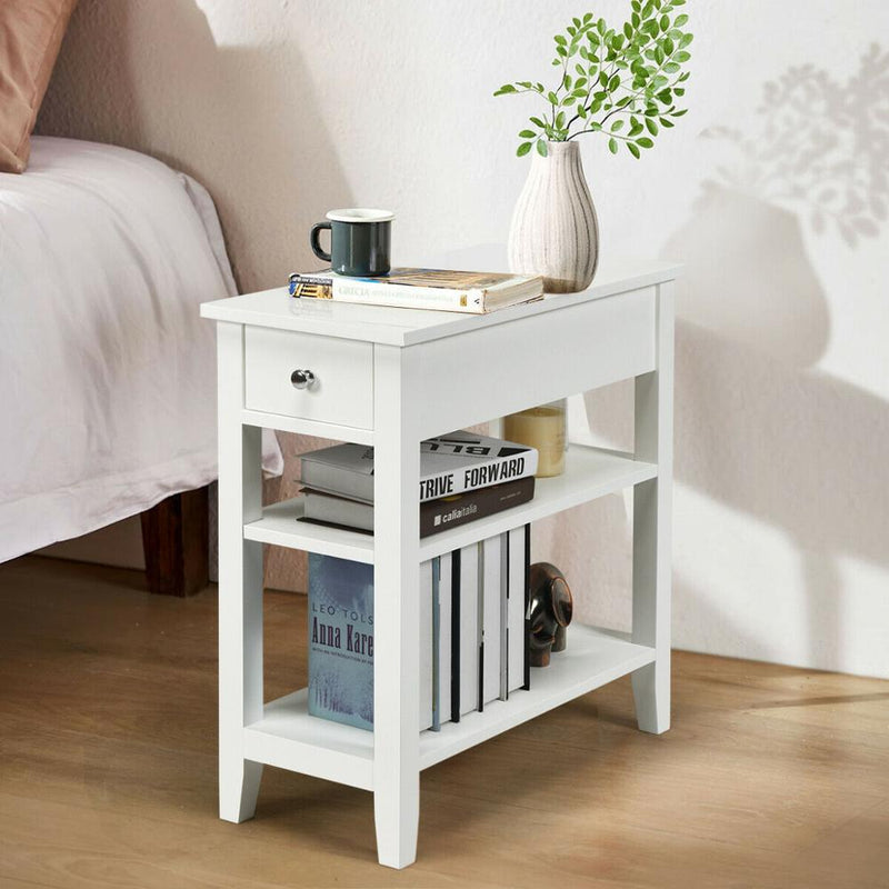Set of 2 3Tier Nightstand Bedside Side End Table w/Double Shelves Drawer White