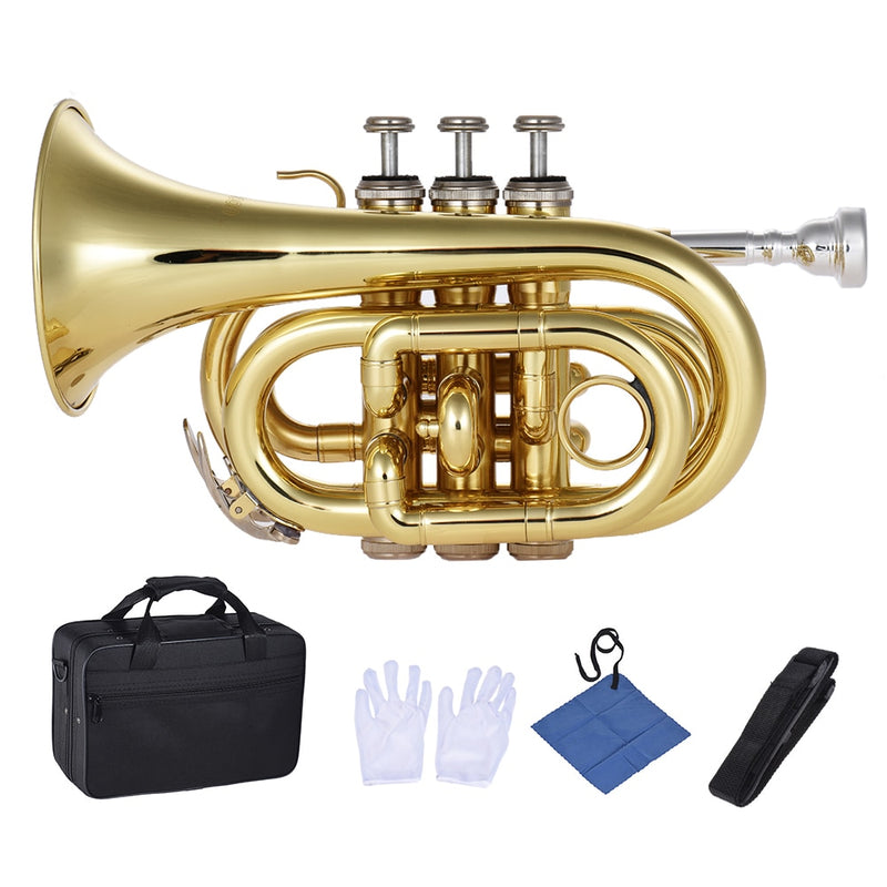 Muslady Mini Pocket Trumpet Bb Flat Brass Wind Instrument with Mouthpiece Gloves Carrying Case trompete trompeta profesional