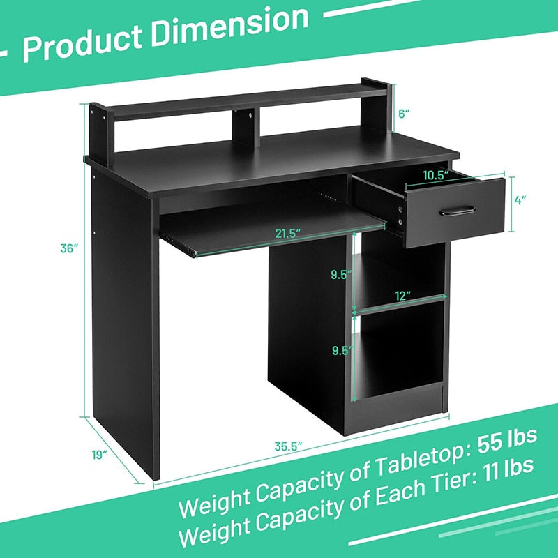 Modern Executive Spacious Desk Writing Table with 2-Tier Storage Shelves