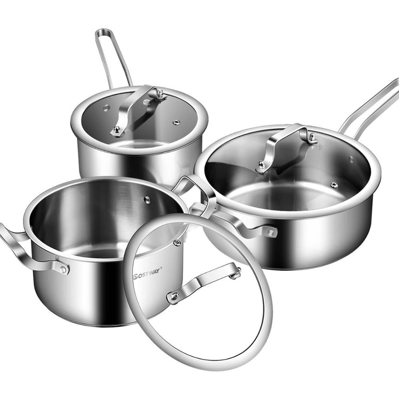 6 Piece Stainless Steel Cookware Set Nonstick Pot And Pans w/ Glass Lids Silver KC52001