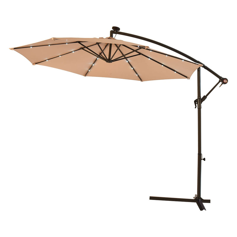10' Hanging Solar LED Umbrella Patio Sun Shade Offset Market W/Base