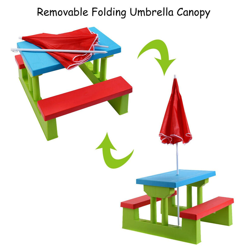 Seat Kids Picnic Table w/Umbrella Garden Yard Folding Children Bench Outdoor