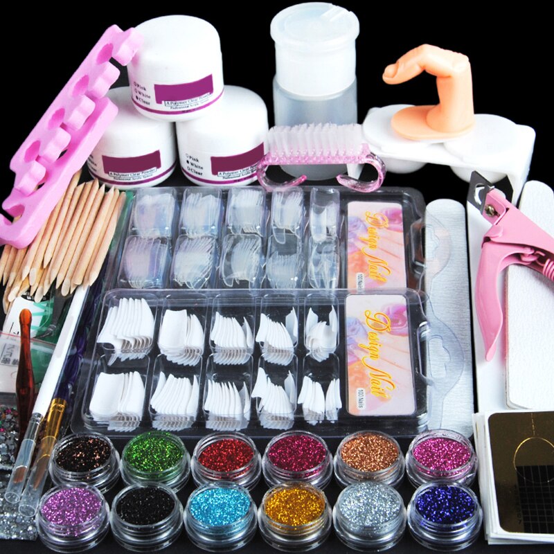 Full Acrylic Powder Nail Art Tool Starter Kit/Set Nail Tips Brush File Form DIY Kit For Beginners Nail Glitter Powder Manicure