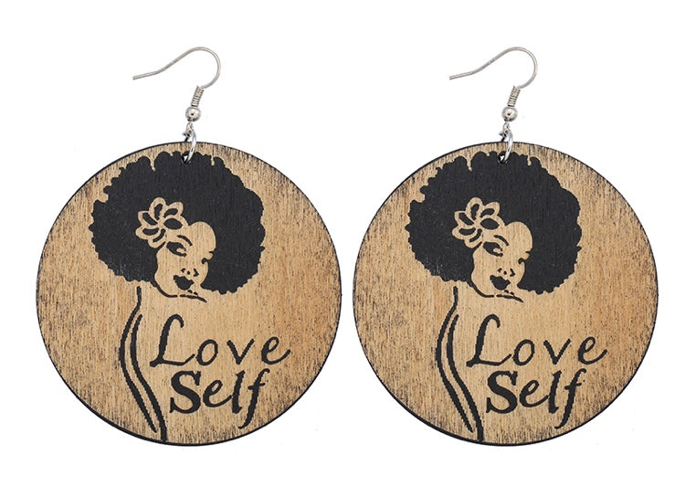 Painted Carving Love Self Woman Pendant for African Natural Ethnic Wooden Earrings