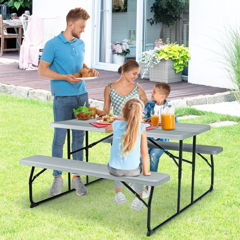 Indoor & Outdoor Folding Picnic Table Bench Set w/ Wood-like Texture Grey
