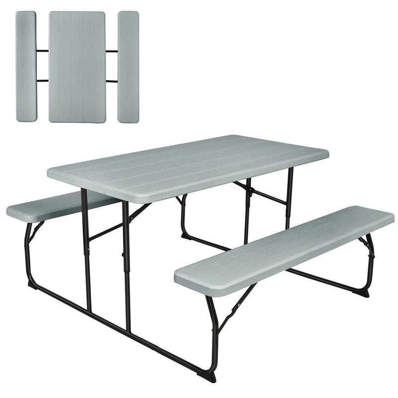 Indoor & Outdoor Folding Picnic Table Bench Set w/ Wood-like Texture Grey