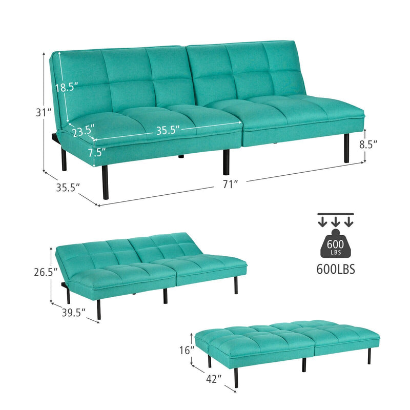 Modern Convertible Futon Sofa Bed Linen Fabric Folding Couch Recliner Aquamarine