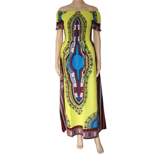 Vintage Women's Dashiki Dress Petal Sleeve Slash neck African Print