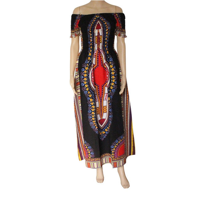 Vintage Women's Dashiki Dress Petal Sleeve Slash neck African Print