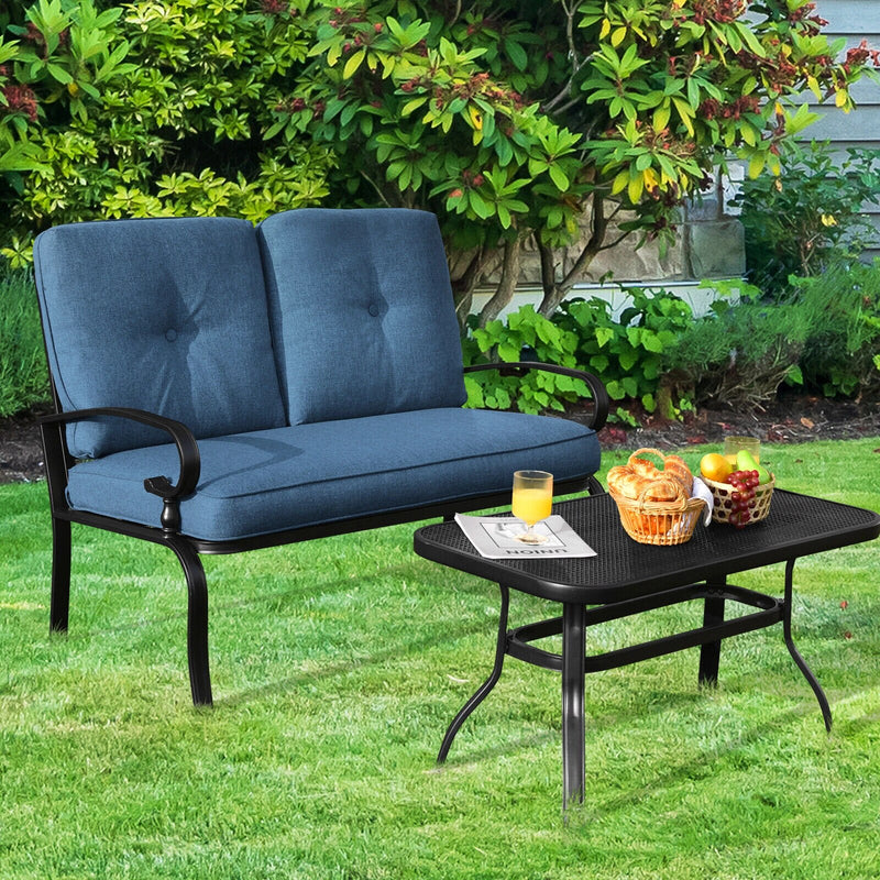 2PCS Patio Loveseat Bench Table Furniture Set Cushioned Chair Blue